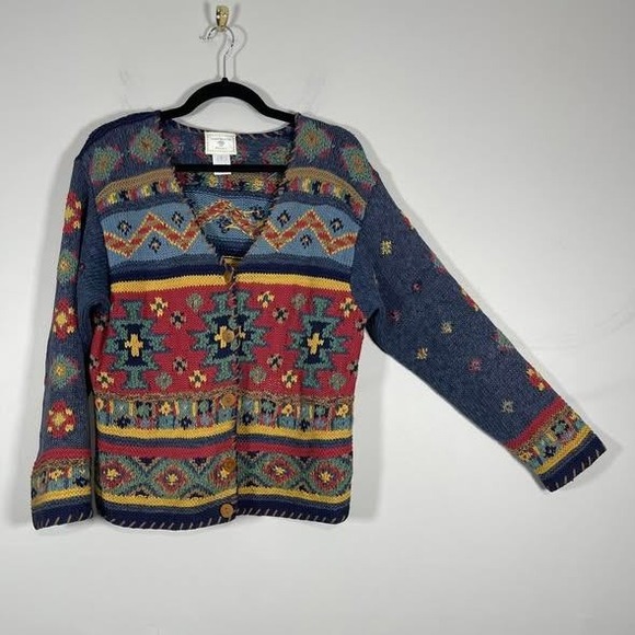 Susan Bristol Hand Knit Cardigan Sweater Womens Small Blue Southwest Whipstitch - Picture 3 of 7